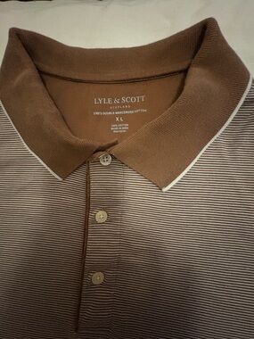 Lyle & Scott Tan and White Fine-Striped Polo